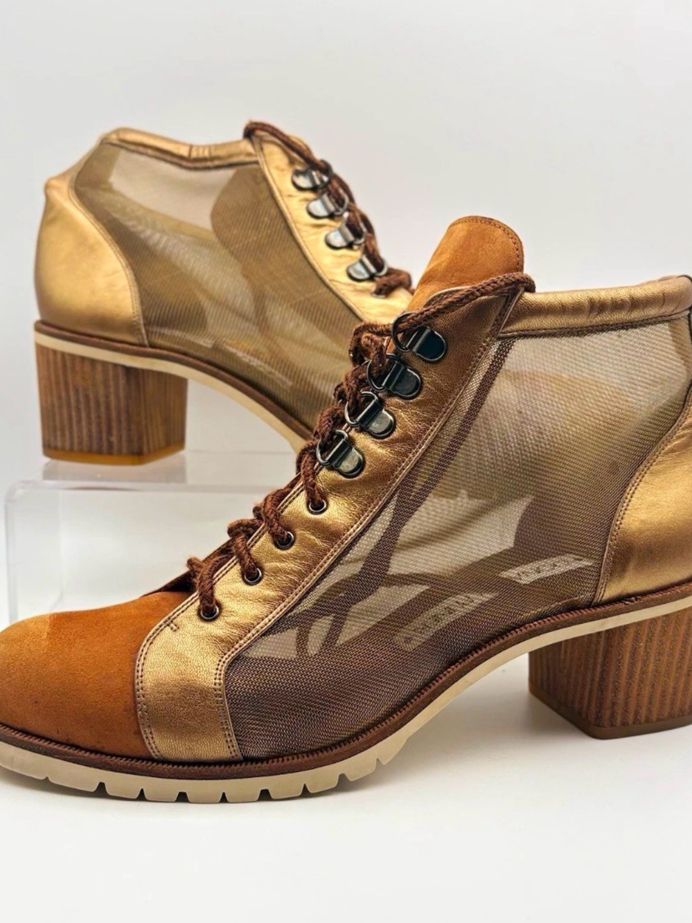 Donald J. Pliner Metallic Gold and Brown Lace-Up Mesh Block Heel Boots